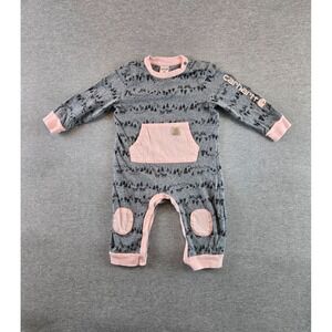 Carhartt Coveralls Baby Girls 9M Gray & Pink Snap Dbl Knee Long Sleeve Romper